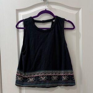 Roxy Black Tank Top with Multicolor Embroidered Hem